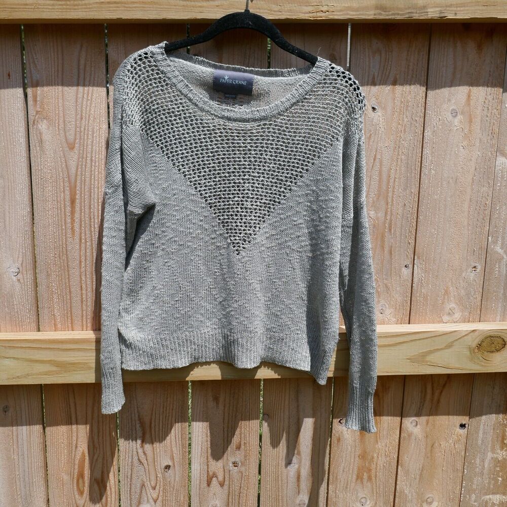 PAPER CRANE Sweater Gray Lightweight Open Knit Pullover Long Sleeve Small